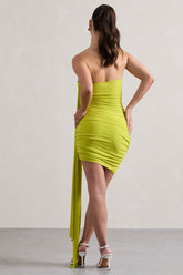 Lime Ruched Asymmetric Mini Dress With Sash